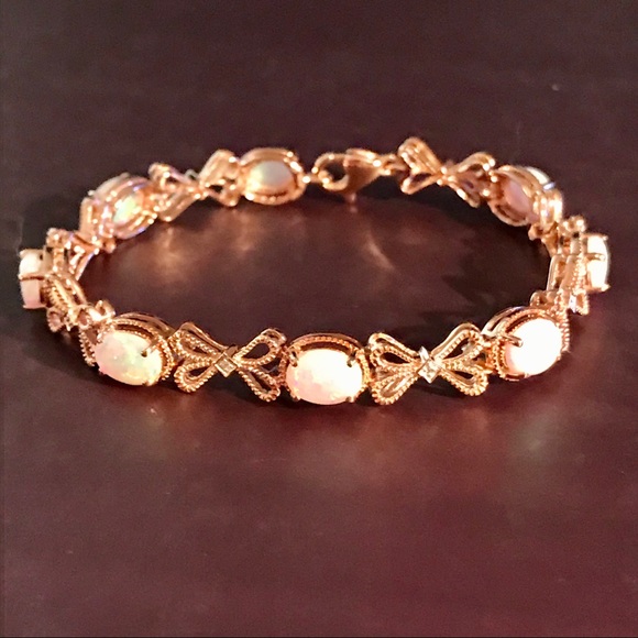 NATURAL OPAL➕WHITE SAPPHIRE ROSE GOLD PL BRACELET - Picture 1 of 12